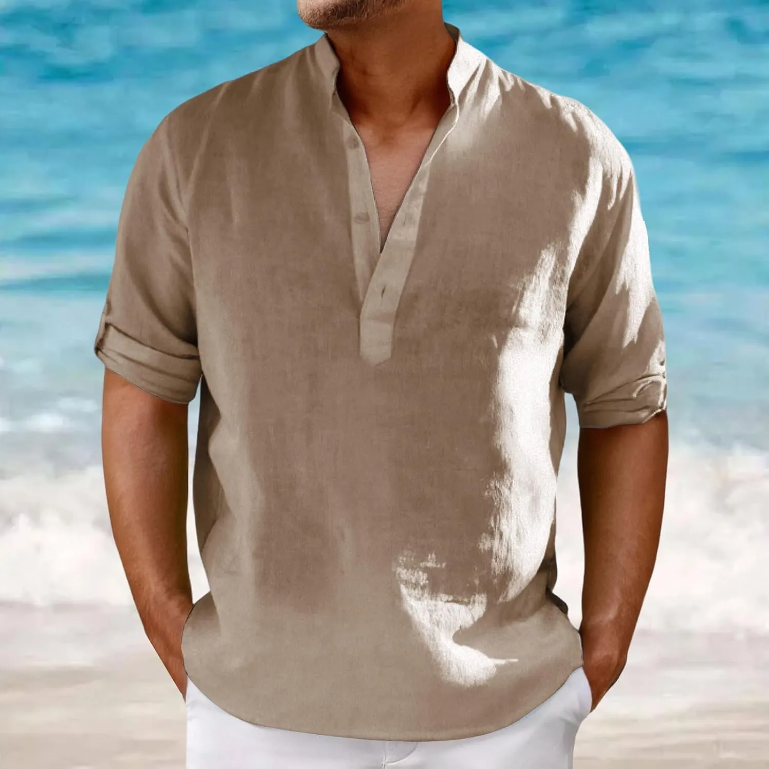 Men's Cotton Linen Shirts Solid Color Stand Collar Shirts Button Down V Neck Tops Casual Long Sleeve Simple Tops