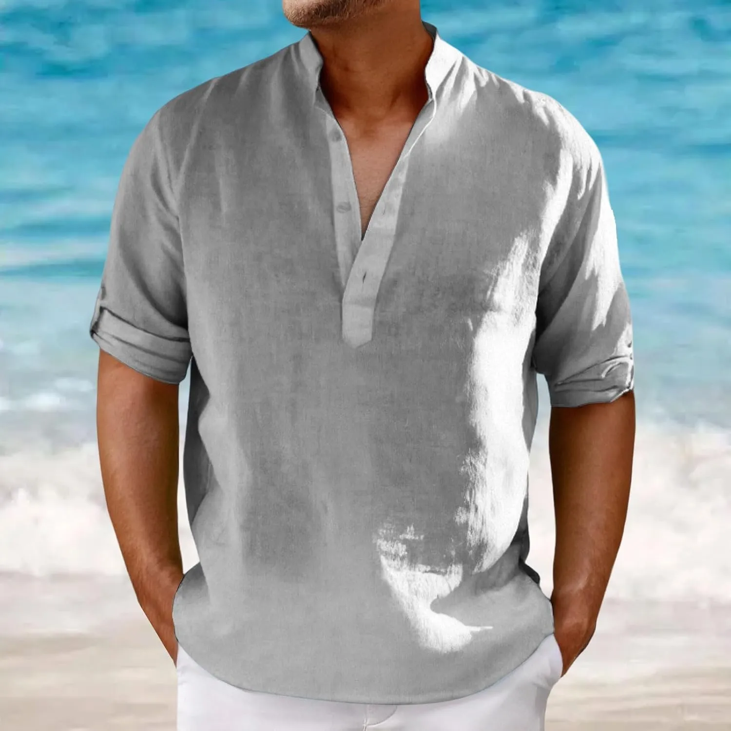 Men's Cotton Linen Shirts Solid Color Stand Collar Shirts Button Down V Neck Tops Casual Long Sleeve Simple Tops