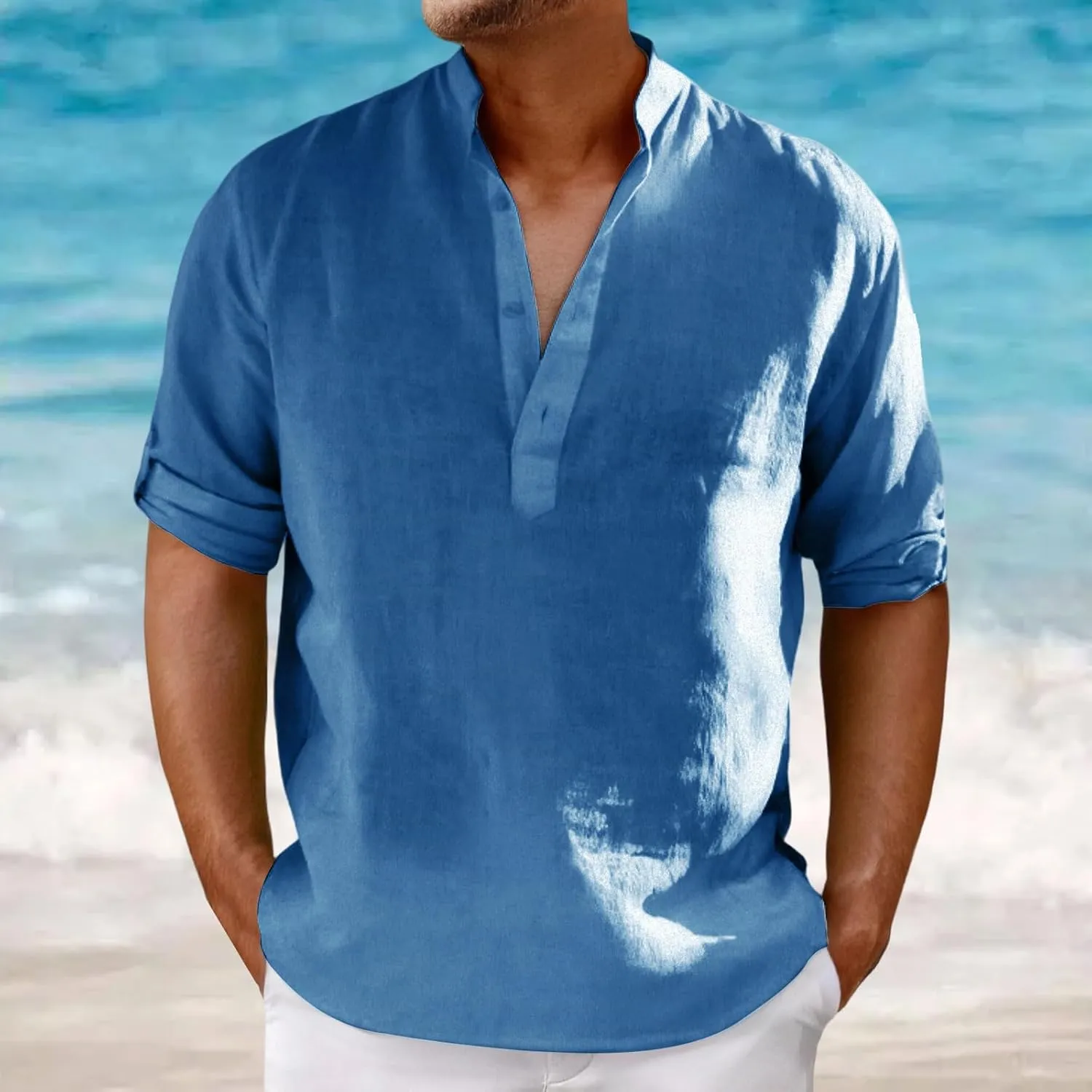 Men's Cotton Linen Shirts Solid Color Stand Collar Shirts Button Down V Neck Tops Casual Long Sleeve Simple Tops