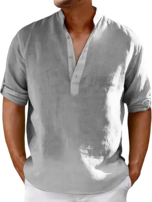Men's Cotton Linen Shirts Solid Color Stand Collar Shirts Button Down V Neck Tops Casual Long Sleeve Simple Tops