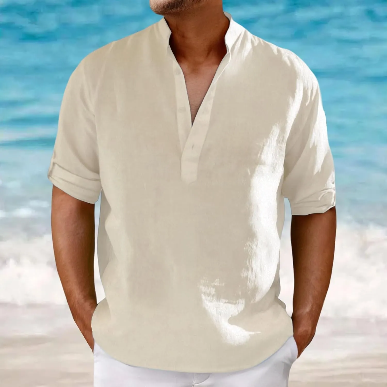 Men's Cotton Linen Shirts Solid Color Stand Collar Shirts Button Down V Neck Tops Casual Long Sleeve Simple Tops