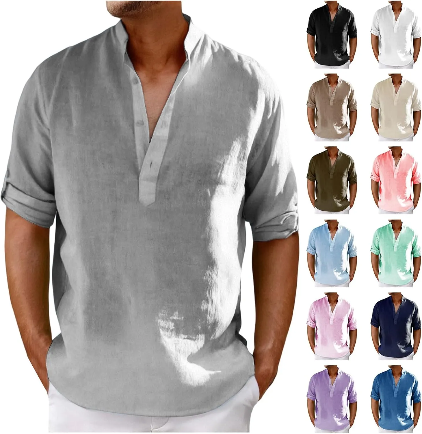 Men's Cotton Linen Shirts Solid Color Stand Collar Shirts Button Down V Neck Tops Casual Long Sleeve Simple Tops