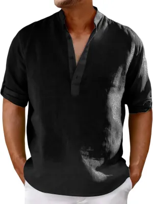 Men's Cotton Linen Shirts Solid Color Stand Collar Shirts Button Down V Neck Tops Casual Long Sleeve Simple Tops