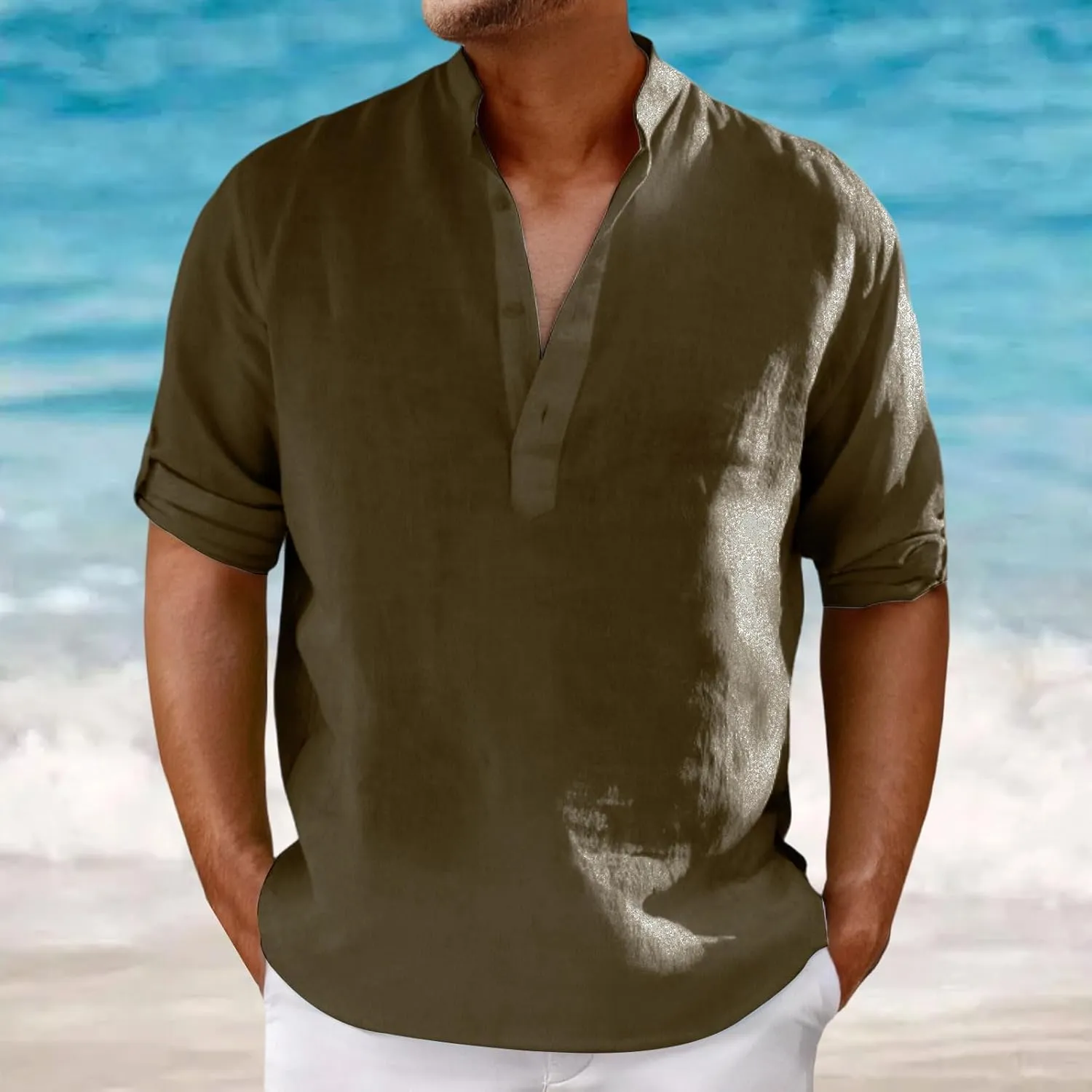 Men's Cotton Linen Shirts Solid Color Stand Collar Shirts Button Down V Neck Tops Casual Long Sleeve Simple Tops