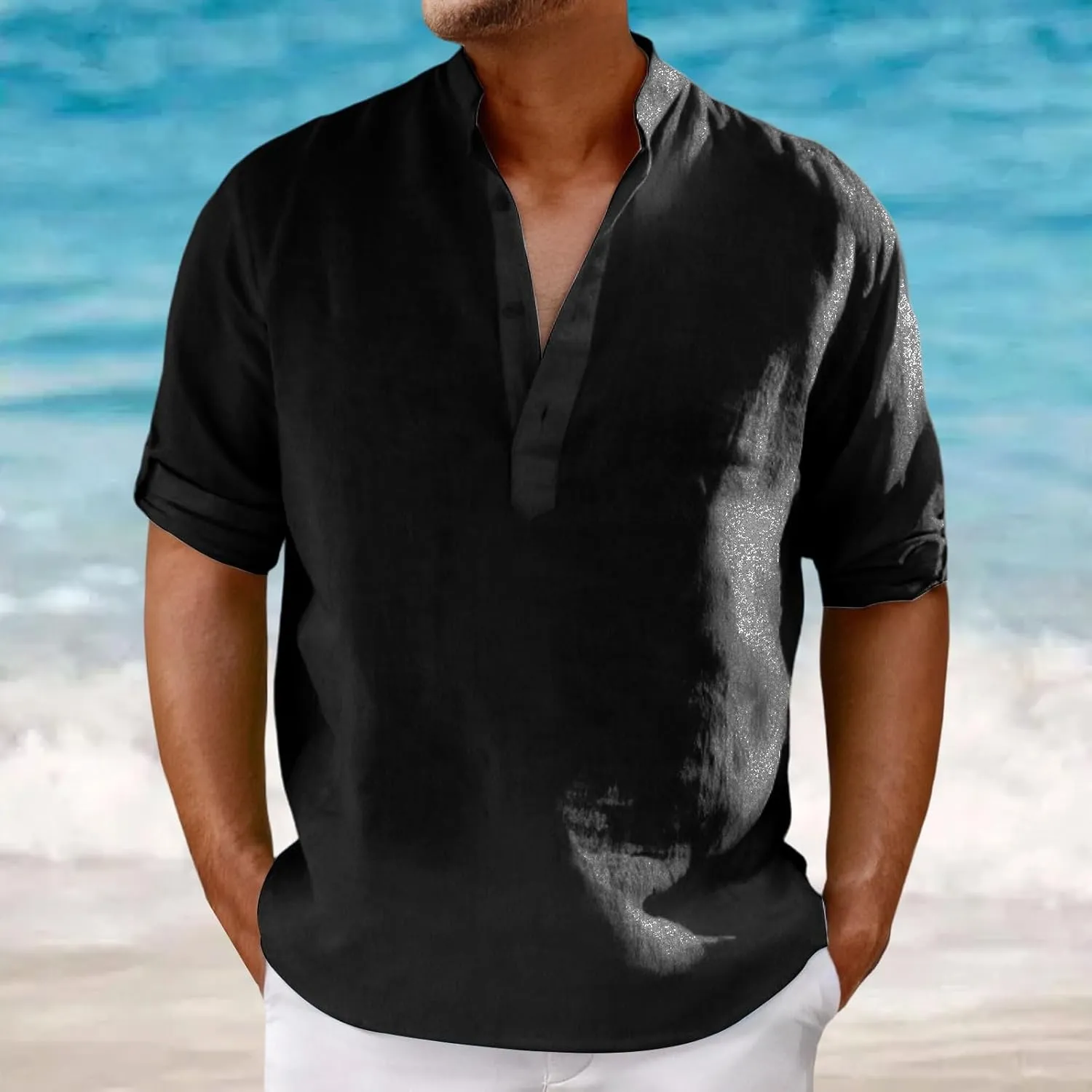 Men's Cotton Linen Shirts Solid Color Stand Collar Shirts Button Down V Neck Tops Casual Long Sleeve Simple Tops