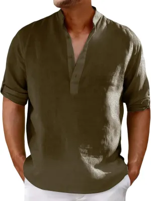 Men's Cotton Linen Shirts Solid Color Stand Collar Shirts Button Down V Neck Tops Casual Long Sleeve Simple Tops