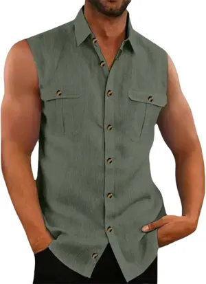 Mens Cotton Linen Tank Tops Solid Color Sleeveless Beach Tops Full Button Lapel Polo Shirts Summer Baggy Simple Shirt