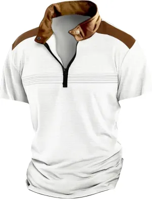 Men's Golf Polo Shirts Quarter Zipper Stand Collar Shirt Vintage Striped Short Sleeve Tops Loose Fit Simple Sport Top