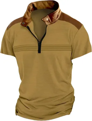 Men's Golf Polo Shirts Quarter Zipper Stand Collar Shirt Vintage Striped Short Sleeve Tops Loose Fit Simple Sport Top