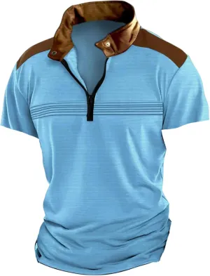 Men's Golf Polo Shirts Quarter Zipper Stand Collar Shirt Vintage Striped Short Sleeve Tops Loose Fit Simple Sport Top
