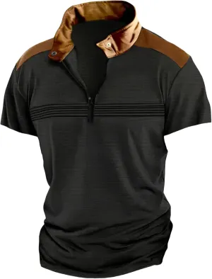 Men's Golf Polo Shirts Quarter Zipper Stand Collar Shirt Vintage Striped Short Sleeve Tops Loose Fit Simple Sport Top