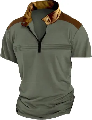 Men's Golf Polo Shirts Quarter Zipper Stand Collar Shirt Vintage Striped Short Sleeve Tops Loose Fit Simple Sport Top
