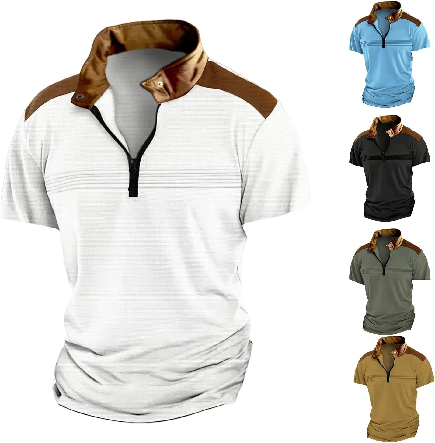 Men's Golf Polo Shirts Quarter Zipper Stand Collar Shirt Vintage Striped Short Sleeve Tops Loose Fit Simple Sport Top