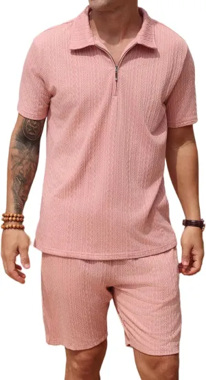 Men's Knit Polo Shirt and Shorts Set 2 Pieces Zipper Outfits Summer Casual Tracksuit