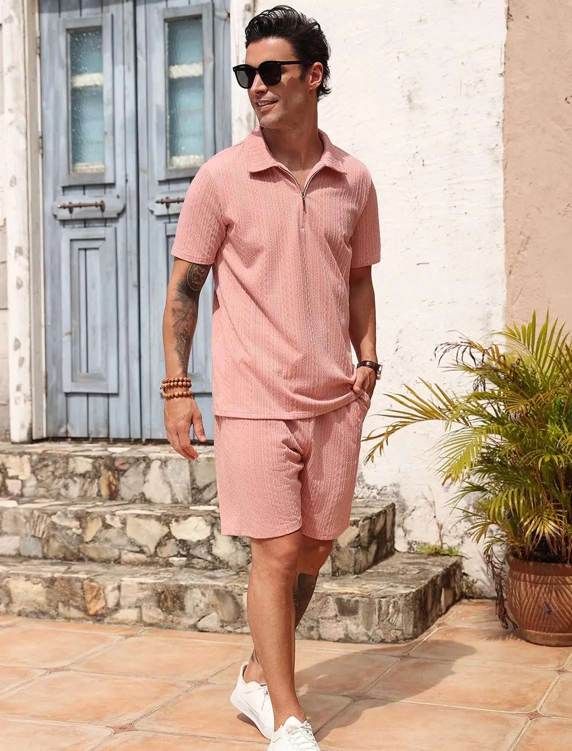 Men's Knit Polo Shirt and Shorts Set 2 Pieces Zipper Outfits Summer Casual Tracksuit