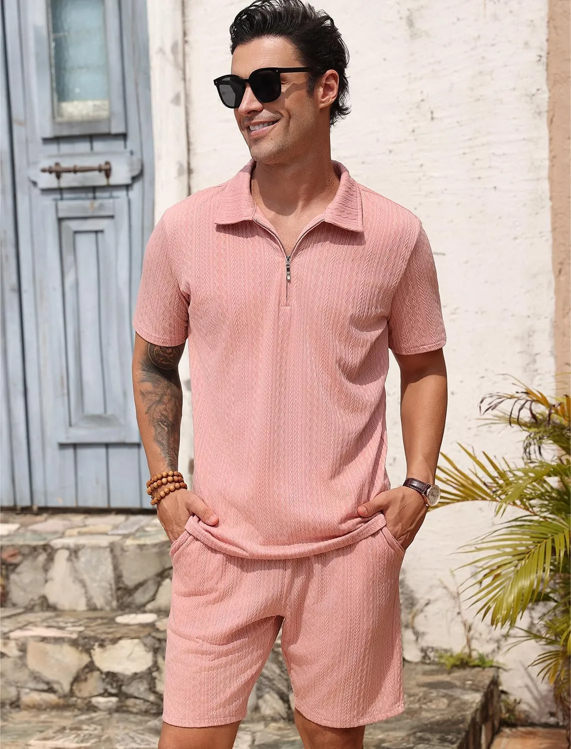 Men's Knit Polo Shirt and Shorts Set 2 Pieces Zipper Outfits Summer Casual Tracksuit