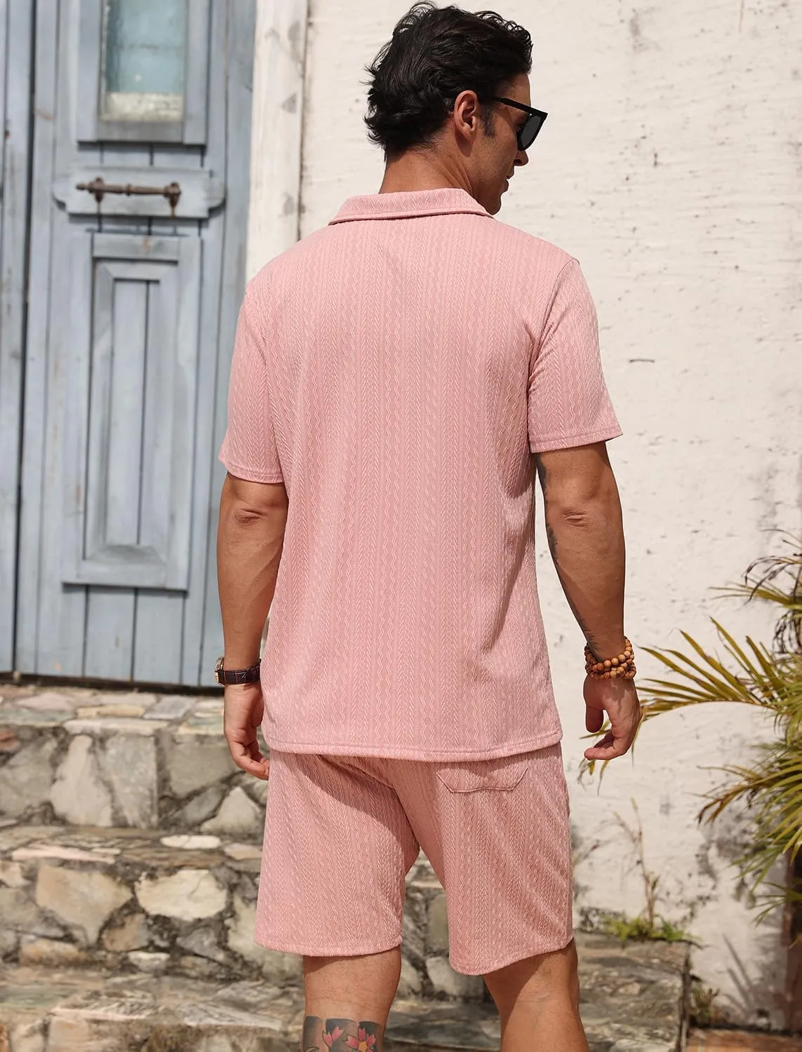Men's Knit Polo Shirt and Shorts Set 2 Pieces Zipper Outfits Summer Casual Tracksuit
