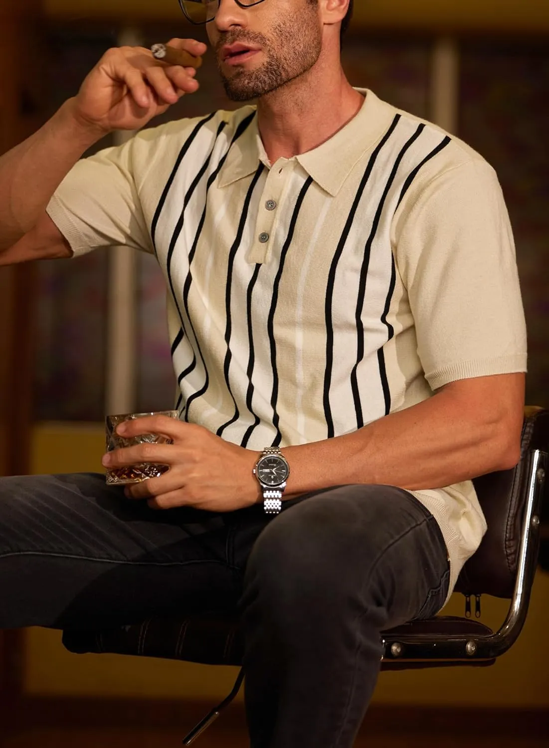 Men's Knit Polo Shirt Casual Knitted Button Down Shirt