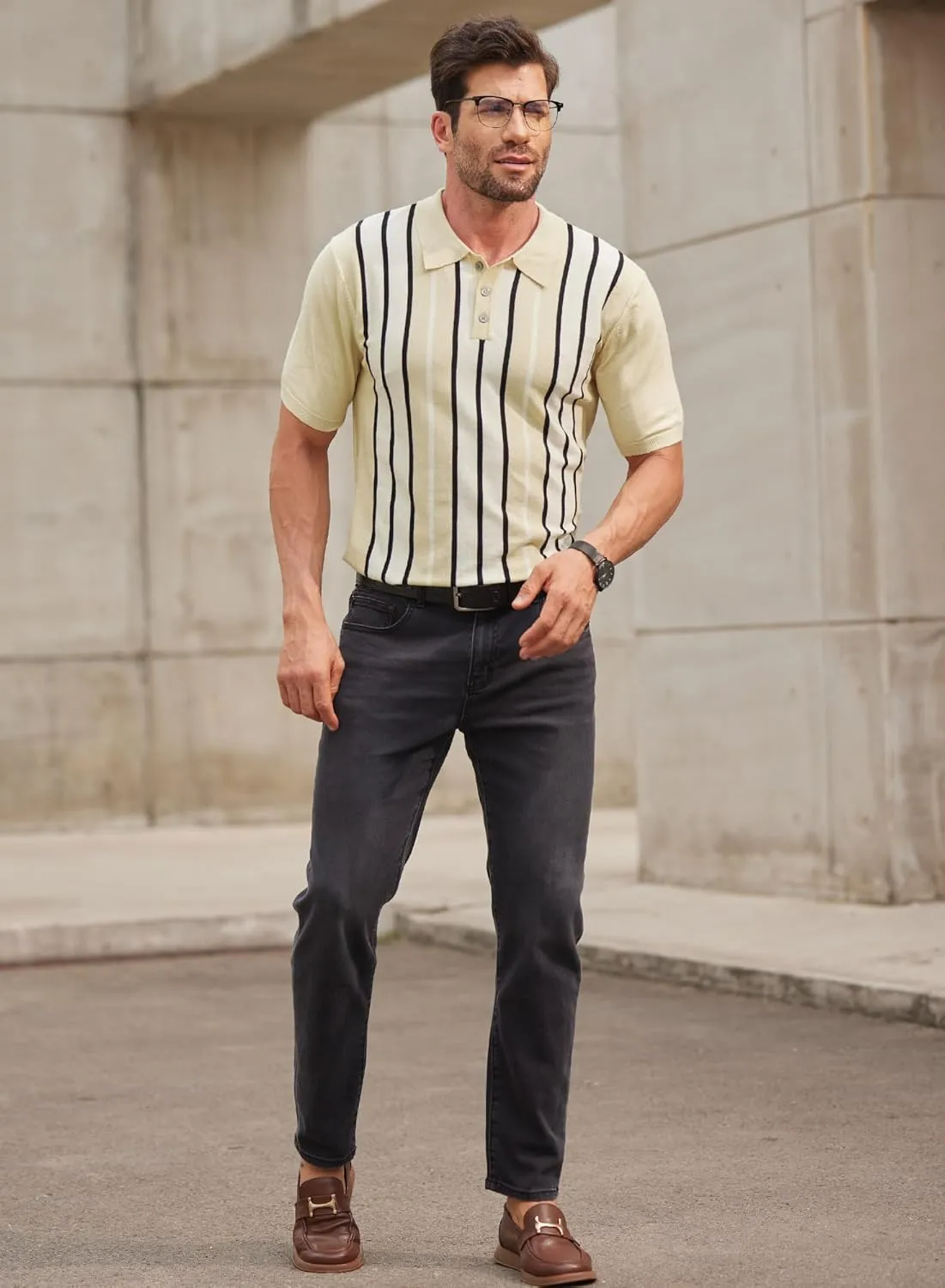 Men's Knit Polo Shirt Casual Knitted Button Down Shirt