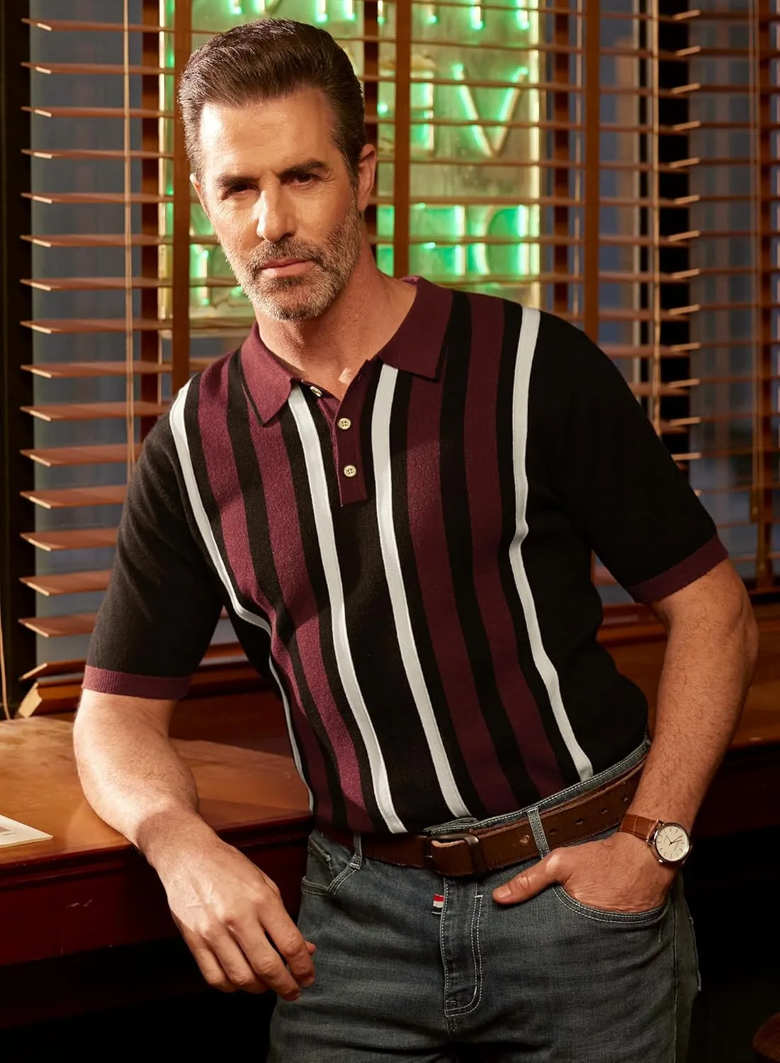 Men's Knit Polo Shirt Casual Knitted Button Down Shirt