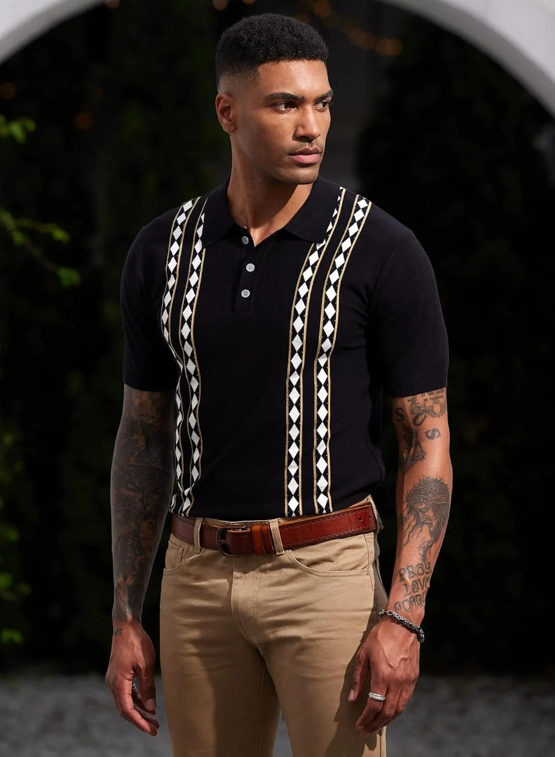 Men's Knit Polo Shirt Casual Knitted Button Down Shirt