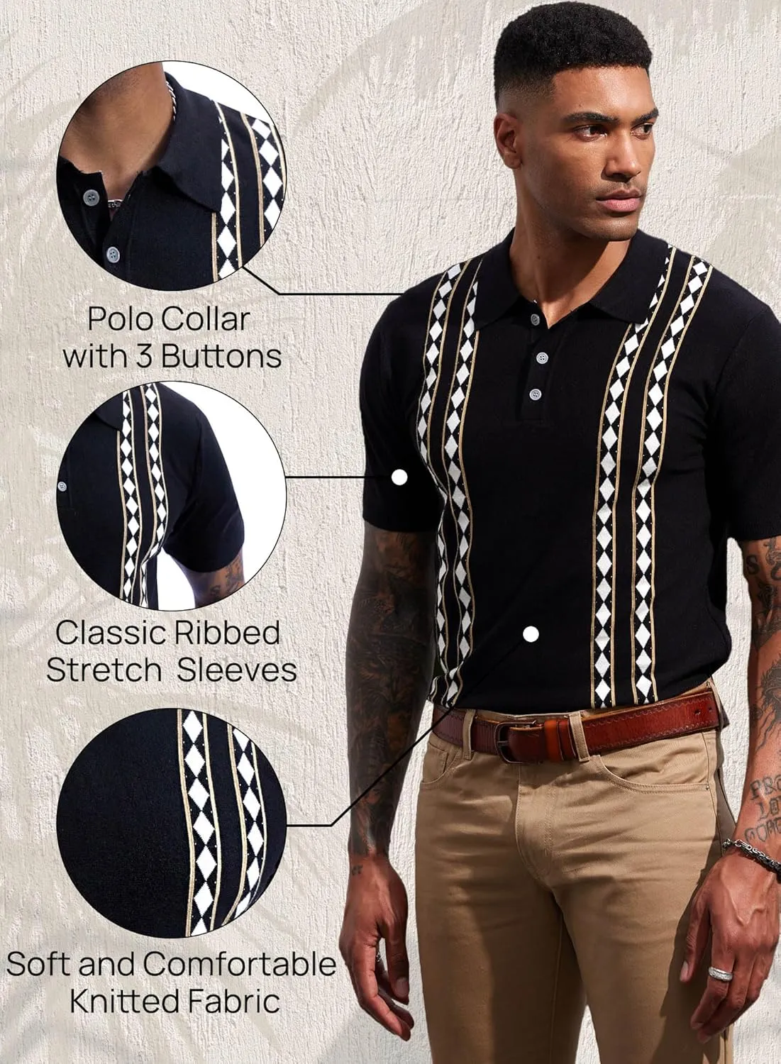 Men's Knit Polo Shirt Casual Knitted Button Down Shirt