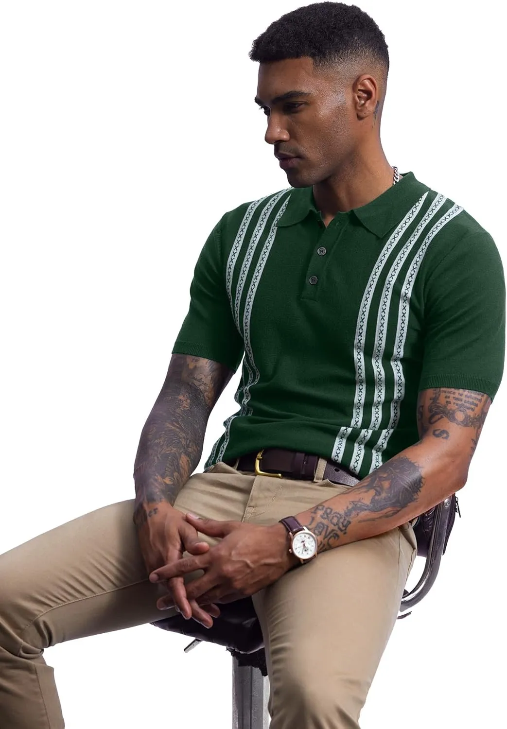 Men's Knit Polo Shirt Casual Knitted Button Down Shirt