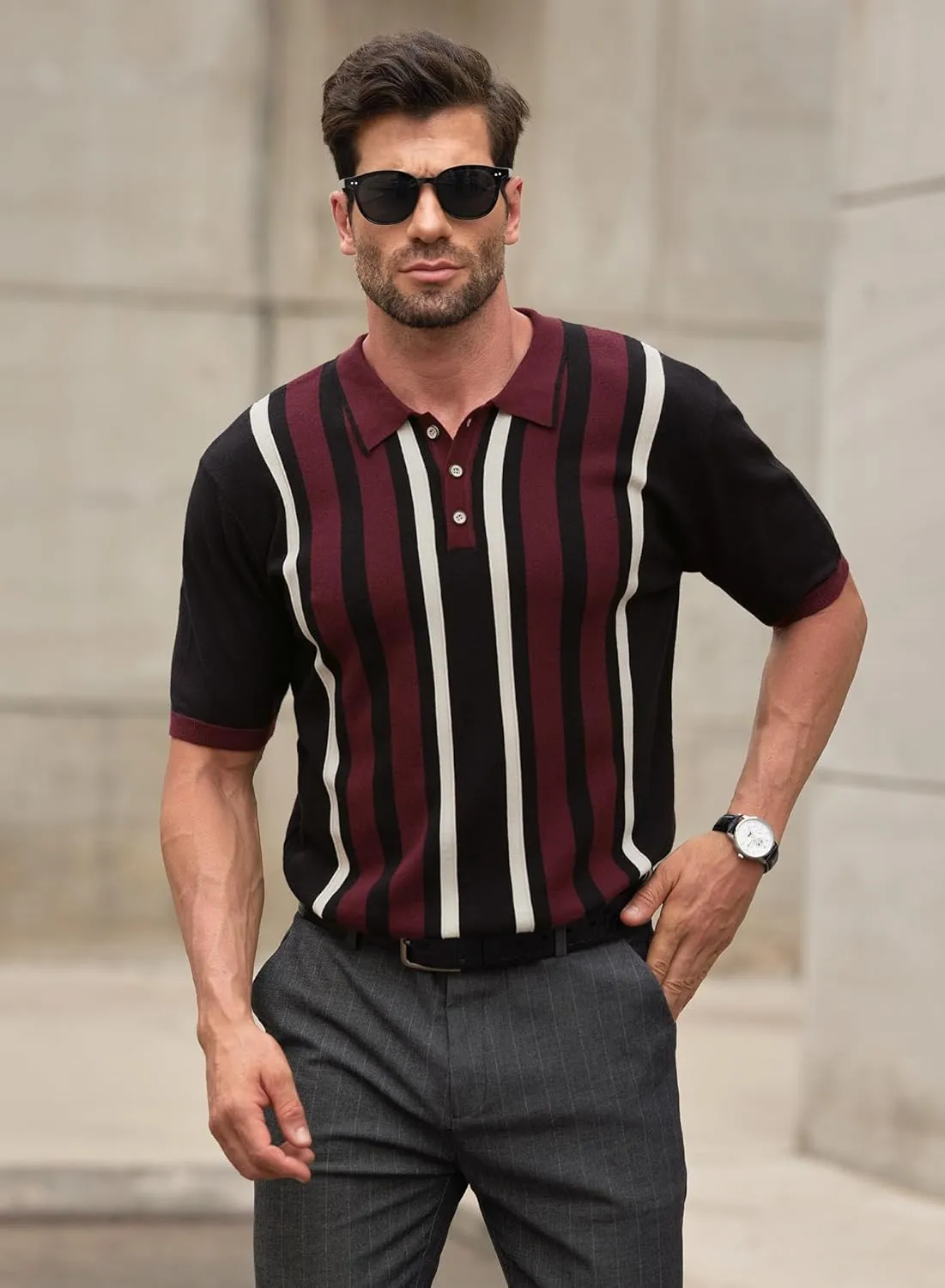 Men's Knit Polo Shirt Casual Knitted Button Down Shirt
