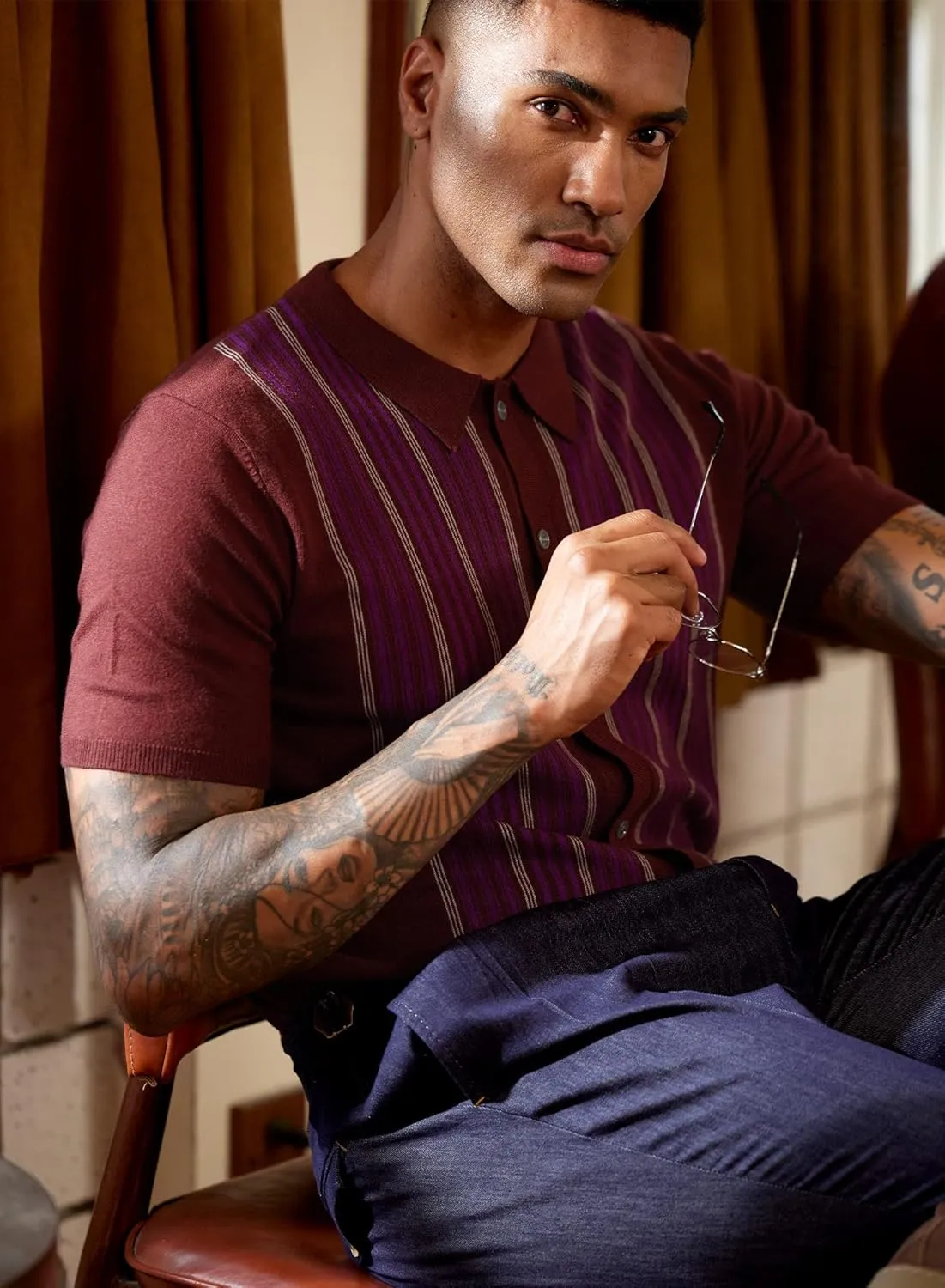Men's Knit Polo Shirt Casual Knitted Button Down Shirt
