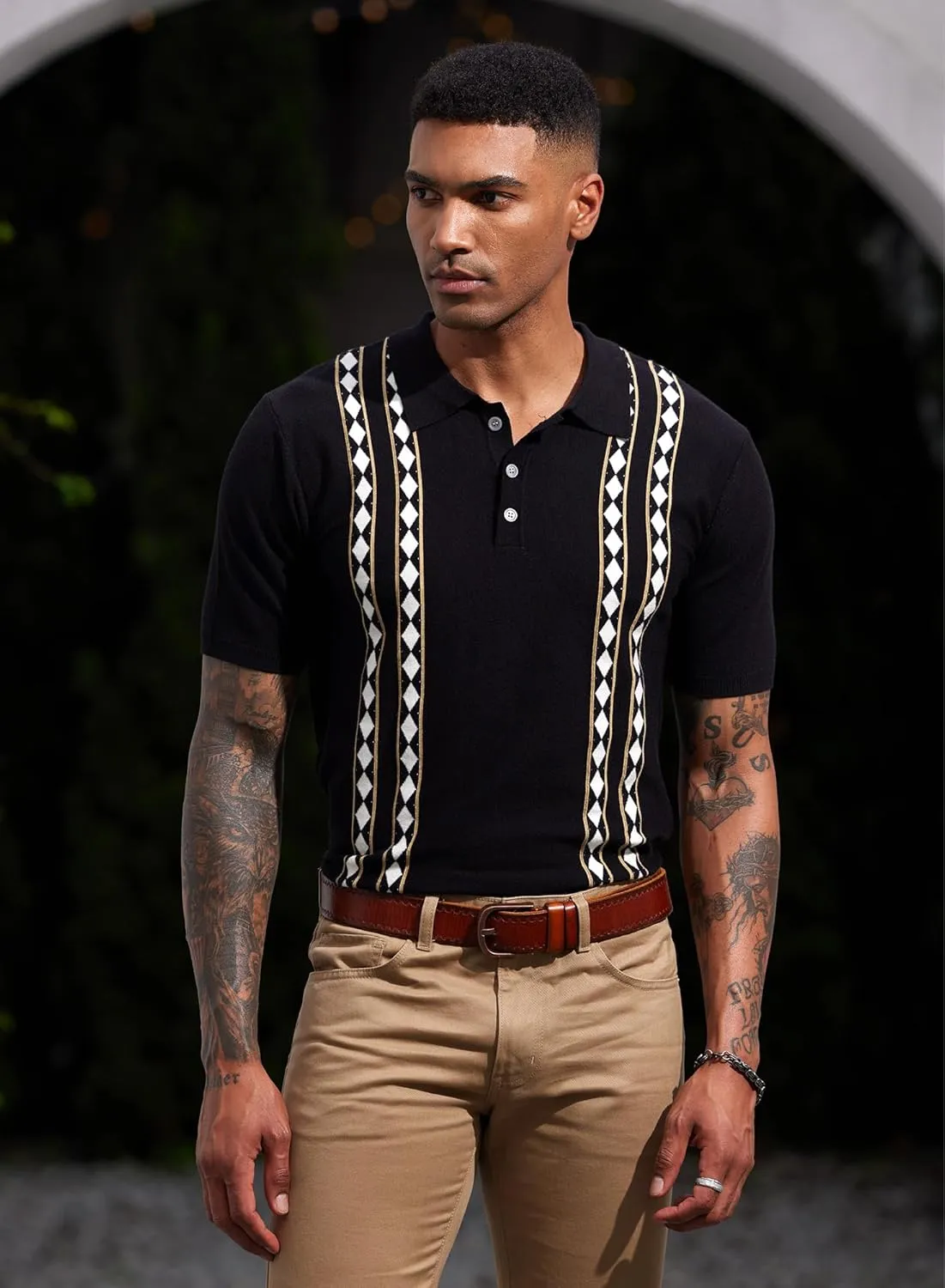 Men's Knit Polo Shirt Casual Knitted Button Down Shirt