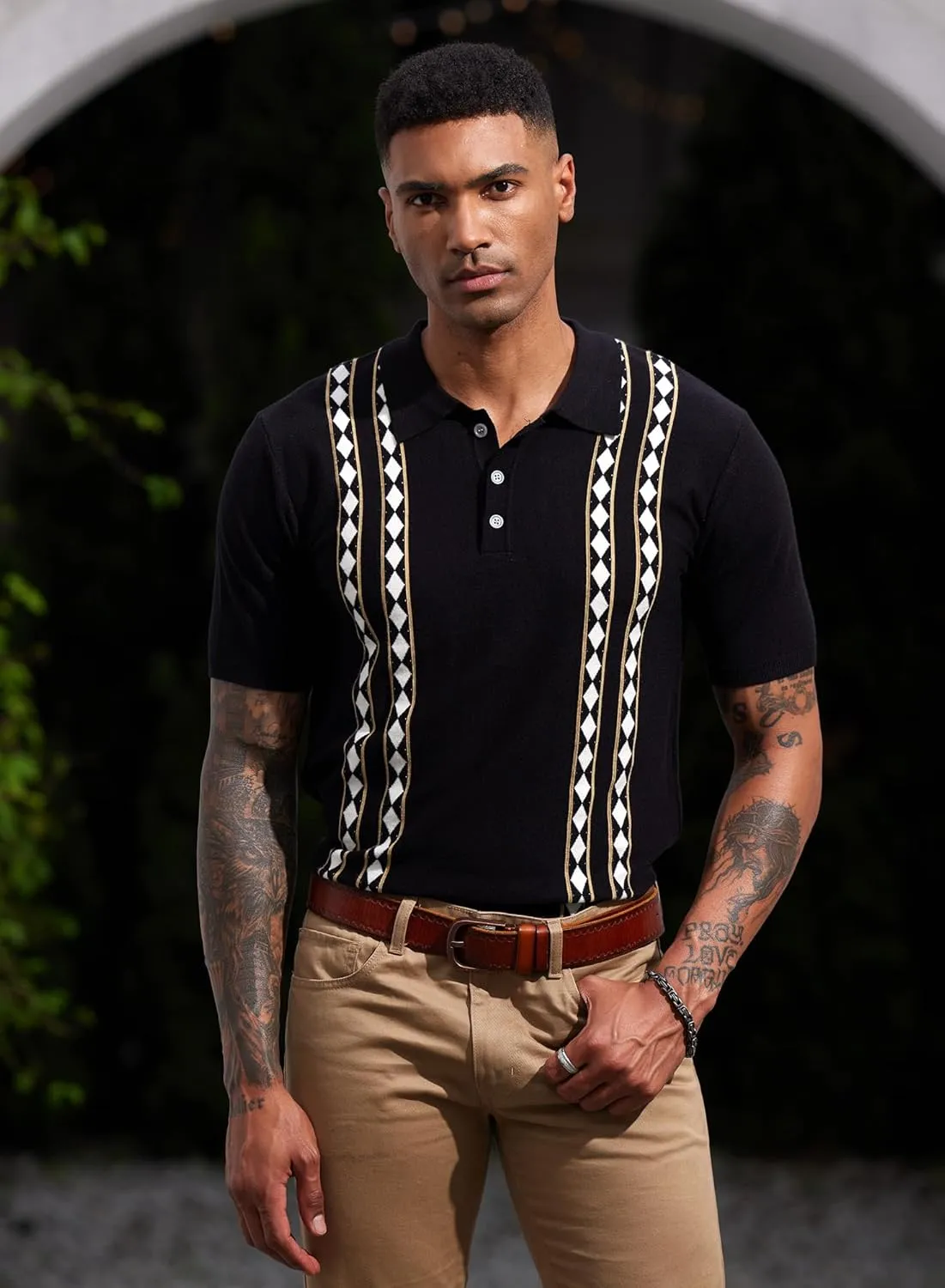 Men's Knit Polo Shirt Casual Knitted Button Down Shirt