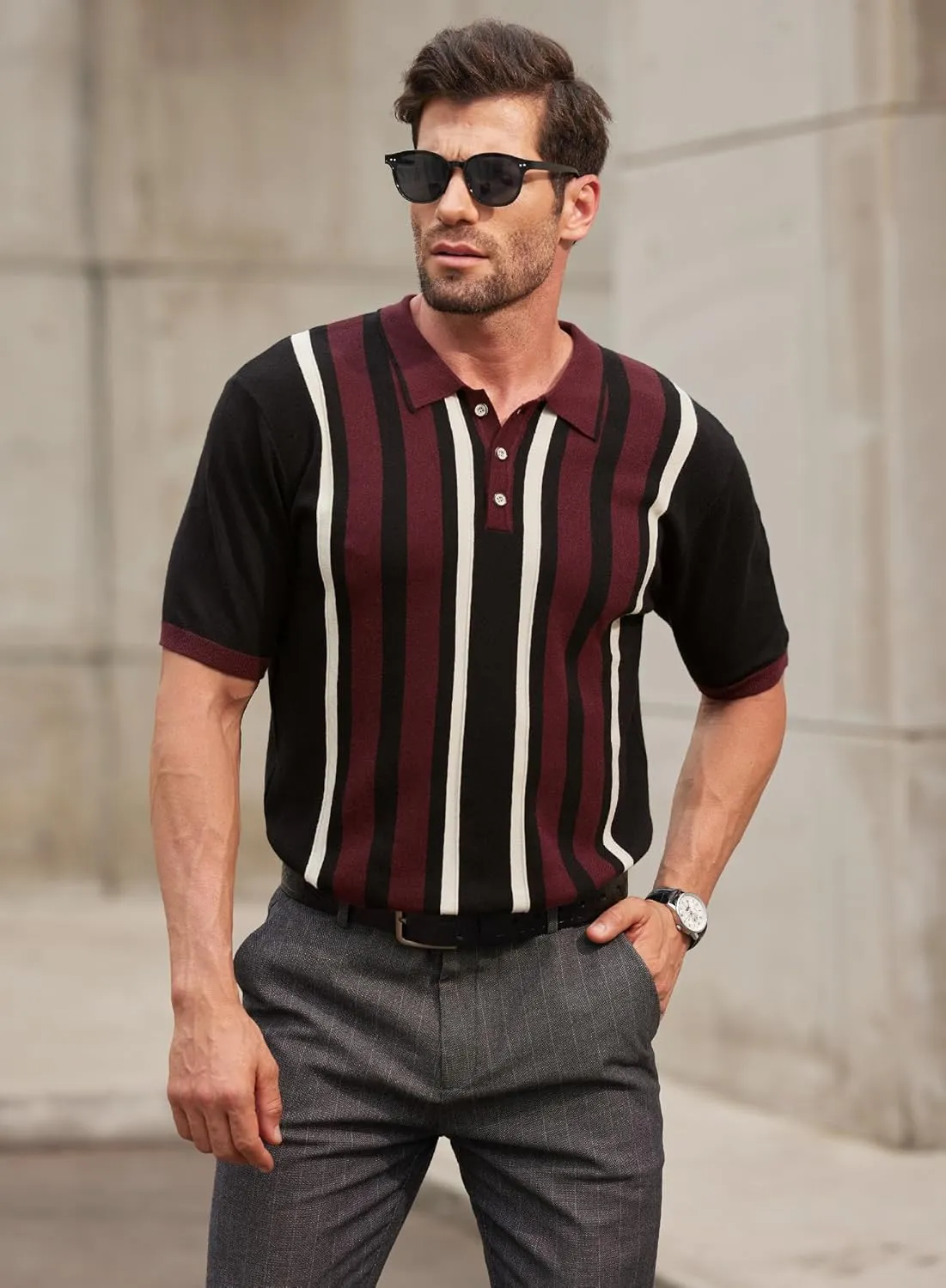 Men's Knit Polo Shirt Casual Knitted Button Down Shirt