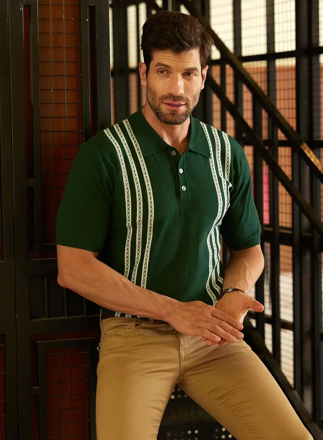 Men's Knit Polo Shirt Casual Knitted Button Down Shirt