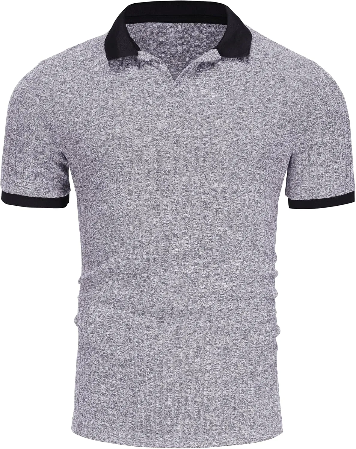 Mens Muscle Polo Shirts V Neck Slim Fit Short Sleeve Golf T-Shirts Contrast Collar Ribbed Knit Cotton Tee Shirt