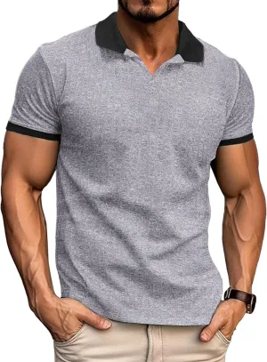Mens Muscle Polo Shirts V Neck Slim Fit Short Sleeve Golf T-Shirts Contrast Collar Ribbed Knit Cotton Tee Shirt