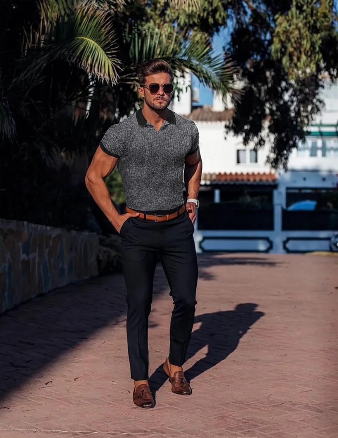 Mens Muscle Polo Shirts V Neck Slim Fit Short Sleeve Golf T-Shirts Contrast Collar Ribbed Knit Cotton Tee Shirt