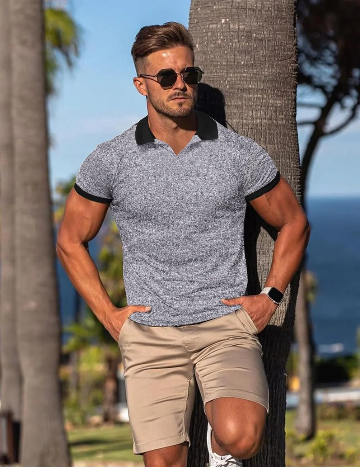 Mens Muscle Polo Shirts V Neck Slim Fit Short Sleeve Golf T-Shirts Contrast Collar Ribbed Knit Cotton Tee Shirt