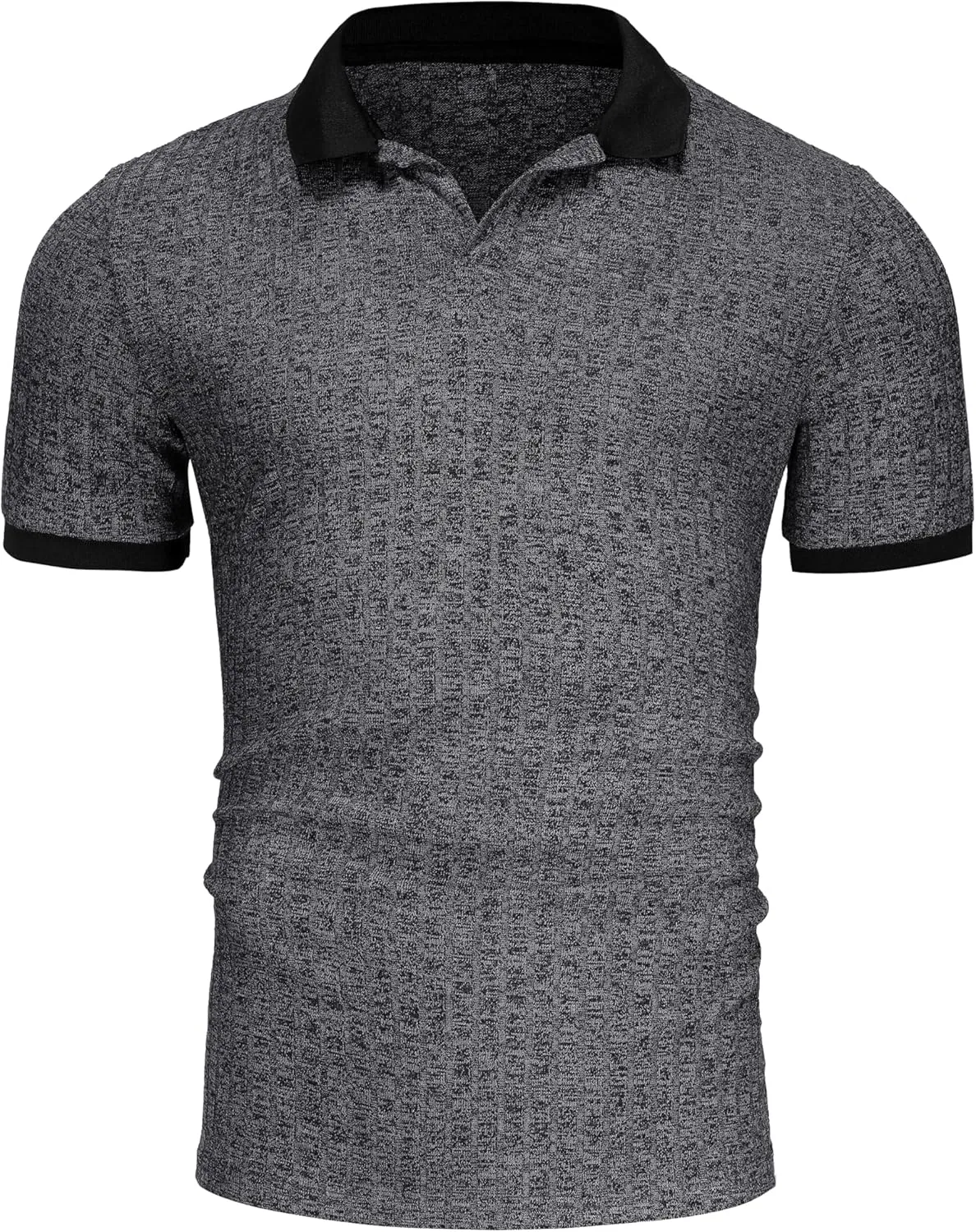 Mens Muscle Polo Shirts V Neck Slim Fit Short Sleeve Golf T-Shirts Contrast Collar Ribbed Knit Cotton Tee Shirt