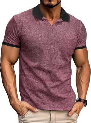 Mens Muscle Polo Shirts V Neck Slim Fit Short Sleeve Golf T-Shirts Contrast Collar Ribbed Knit Cotton Tee Shirt