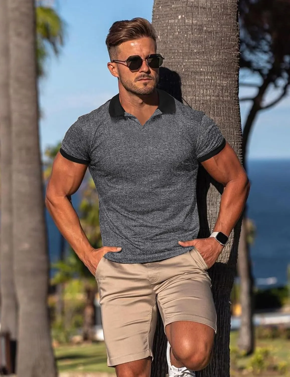 Mens Muscle Polo Shirts V Neck Slim Fit Short Sleeve Golf T-Shirts Contrast Collar Ribbed Knit Cotton Tee Shirt