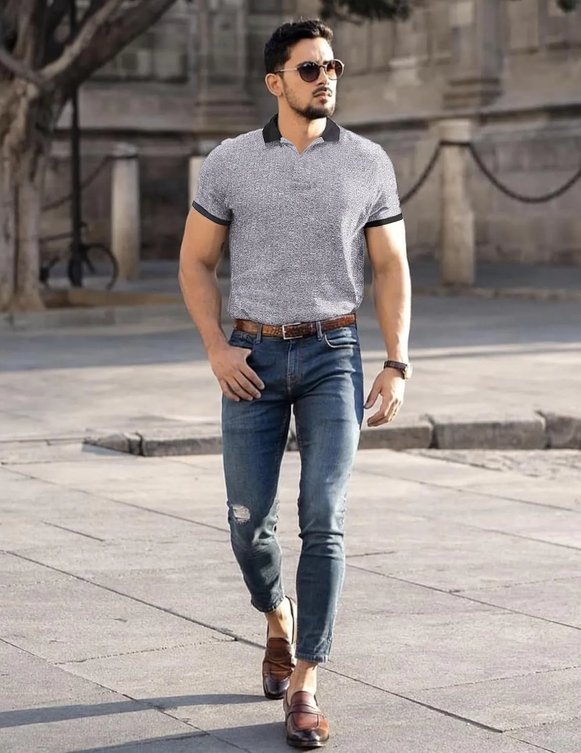 Mens Muscle Polo Shirts V Neck Slim Fit Short Sleeve Golf T-Shirts Contrast Collar Ribbed Knit Cotton Tee Shirt