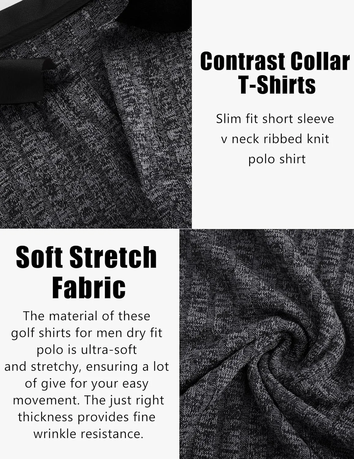 Mens Muscle Polo Shirts V Neck Slim Fit Short Sleeve Golf T-Shirts Contrast Collar Ribbed Knit Cotton Tee Shirt