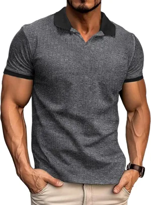 Mens Muscle Polo Shirts V Neck Slim Fit Short Sleeve Golf T-Shirts Contrast Collar Ribbed Knit Cotton Tee Shirt