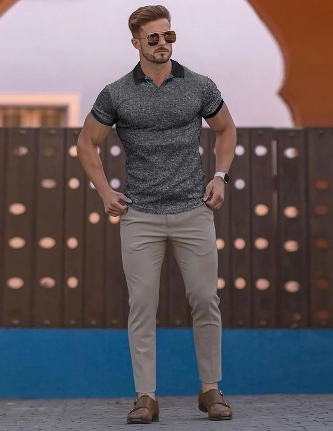 Mens Muscle Polo Shirts V Neck Slim Fit Short Sleeve Golf T-Shirts Contrast Collar Ribbed Knit Cotton Tee Shirt