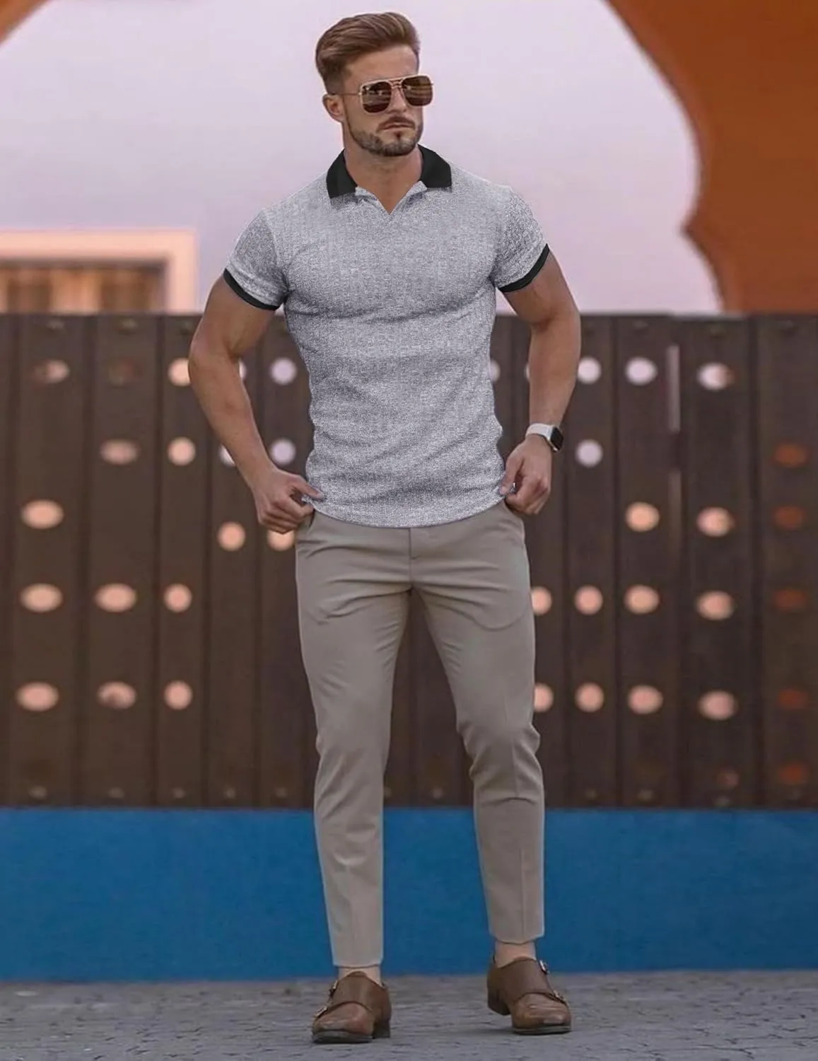 Mens Muscle Polo Shirts V Neck Slim Fit Short Sleeve Golf T-Shirts Contrast Collar Ribbed Knit Cotton Tee Shirt