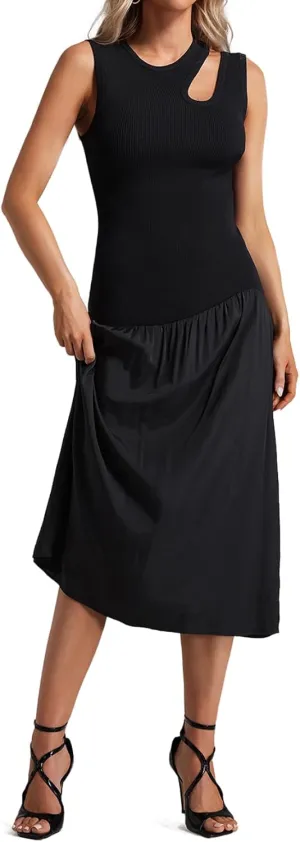 Midi Knit Dress Black Tank Dress Hollow Pleated Dress for Women Ribbed Sweater Dress