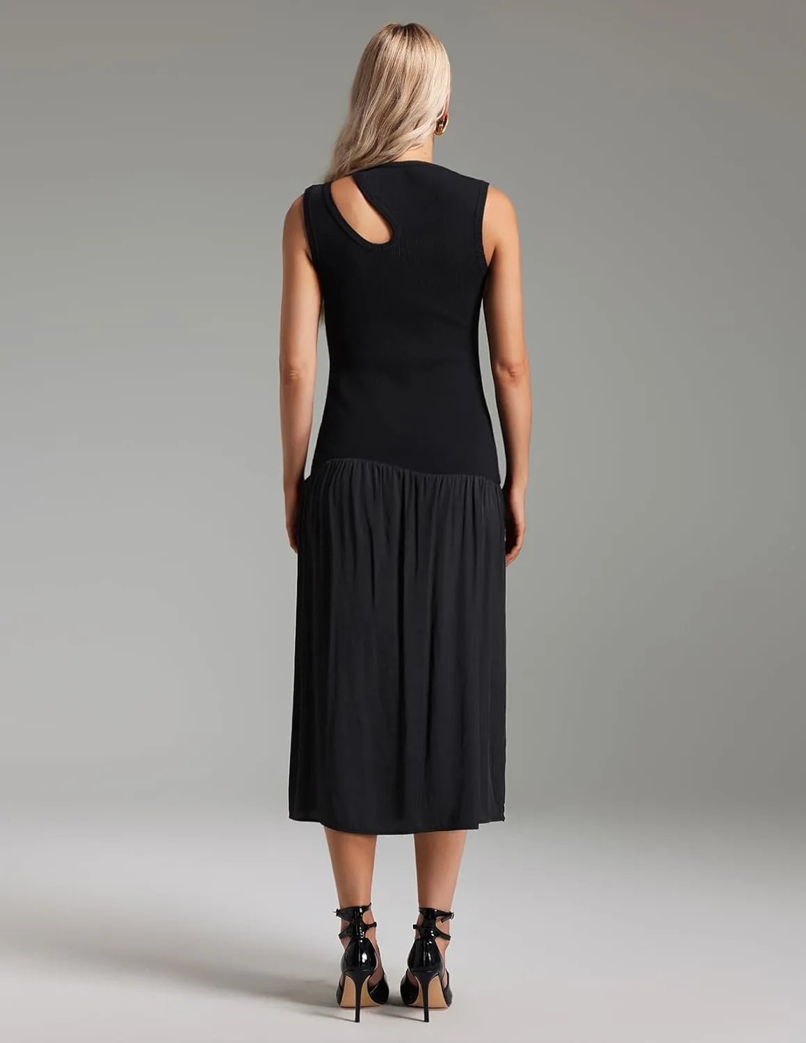 Midi Knit Dress Black Tank Dress Hollow Pleated Dress for Women Ribbed Sweater Dress