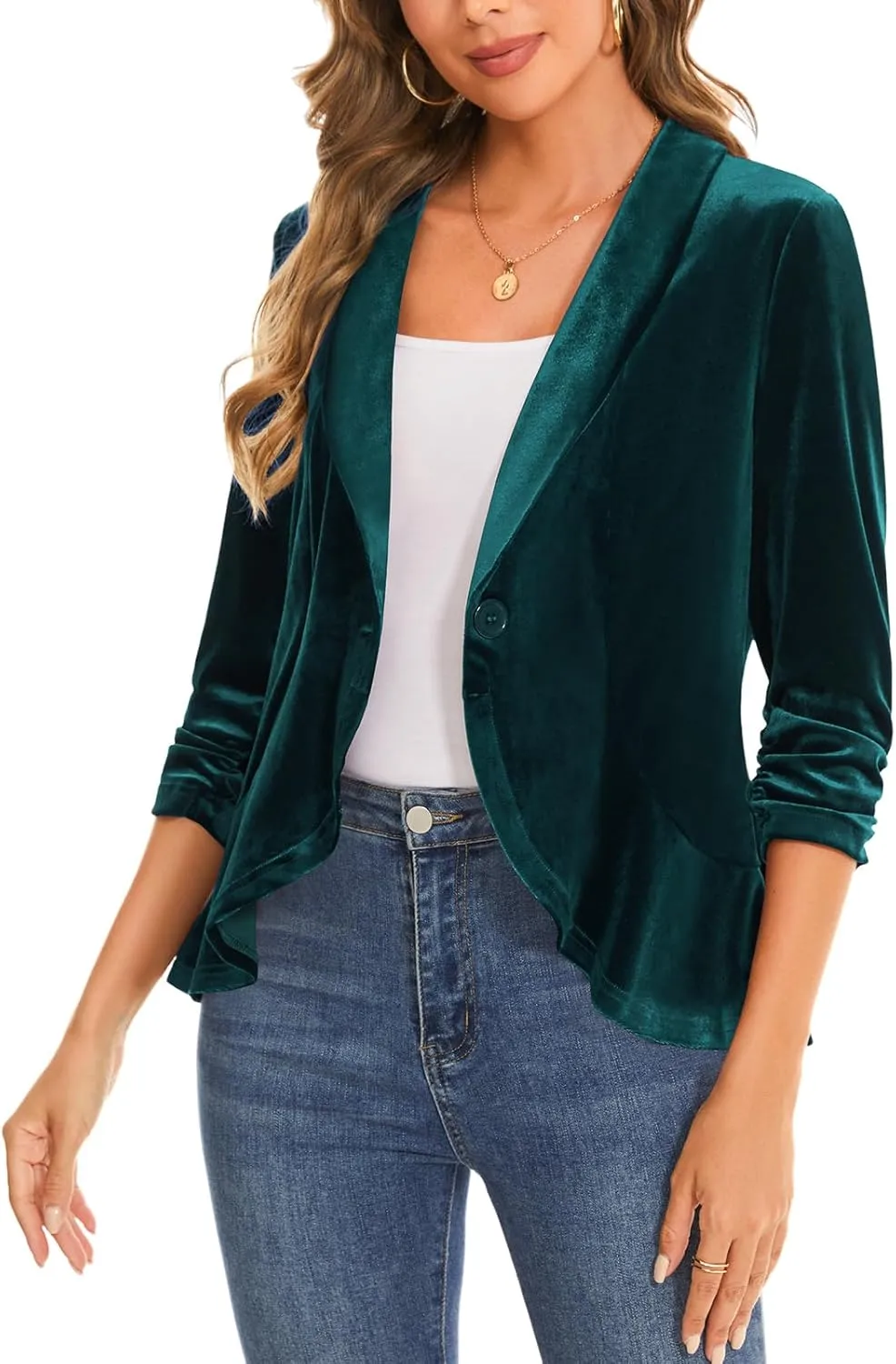 MINTLIMIT Women's Velvet Blazer Ruched 3/4 Sleeve Shawl Lapel Button Front Ruffle Tailored Cardigan Suit Jacket Blazer