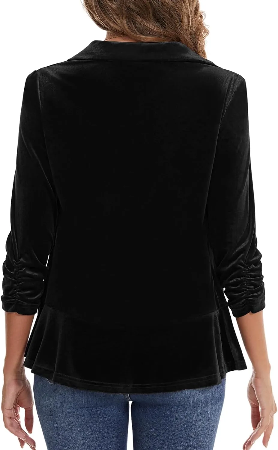 MINTLIMIT Women's Velvet Blazer Ruched 3/4 Sleeve Shawl Lapel Button Front Ruffle Tailored Cardigan Suit Jacket Blazer