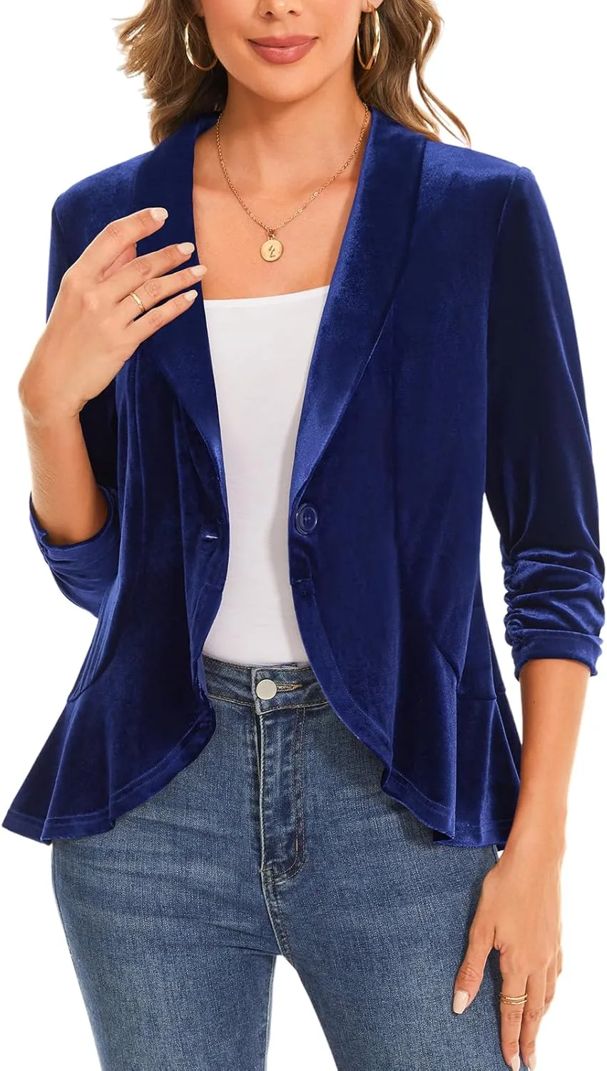 MINTLIMIT Women's Velvet Blazer Ruched 3/4 Sleeve Shawl Lapel Button Front Ruffle Tailored Cardigan Suit Jacket Blazer